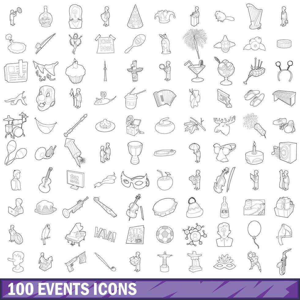 100 evenementen iconen set, Kaderstijl vector