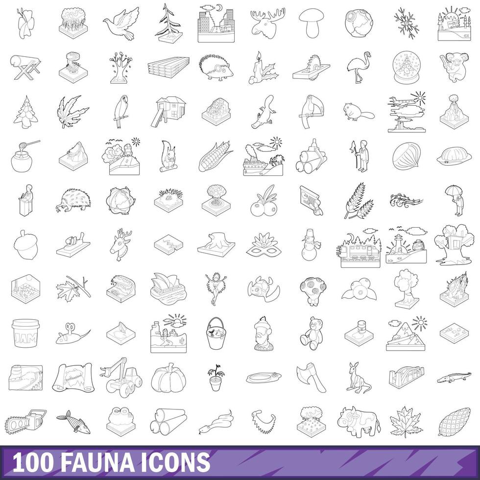 100 fauna iconen set, Kaderstijl vector