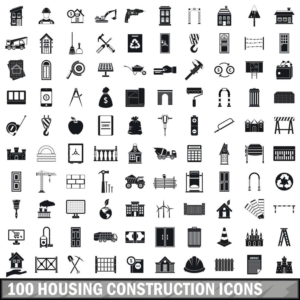 100 woningbouw iconen set, eenvoudige stijl vector