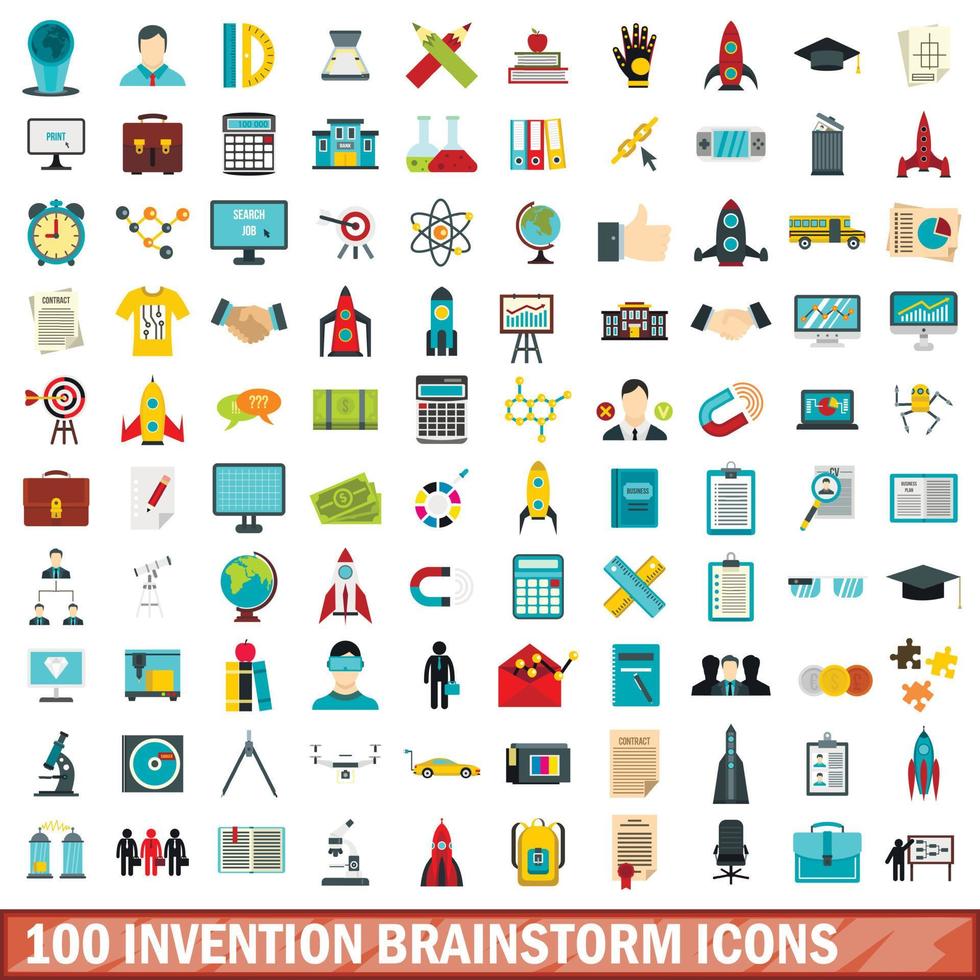 100 uitvinding brainstorm iconen set, vlakke stijl vector