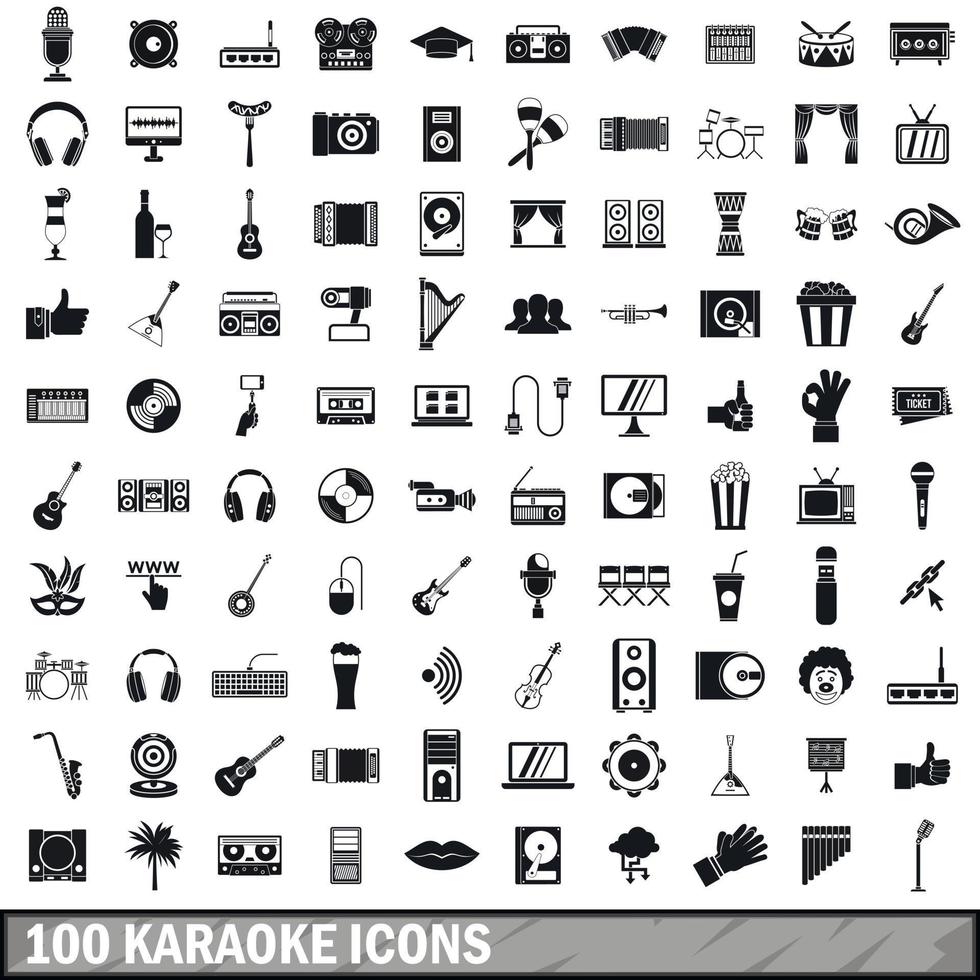 100 karaoke iconen set, eenvoudige stijl vector