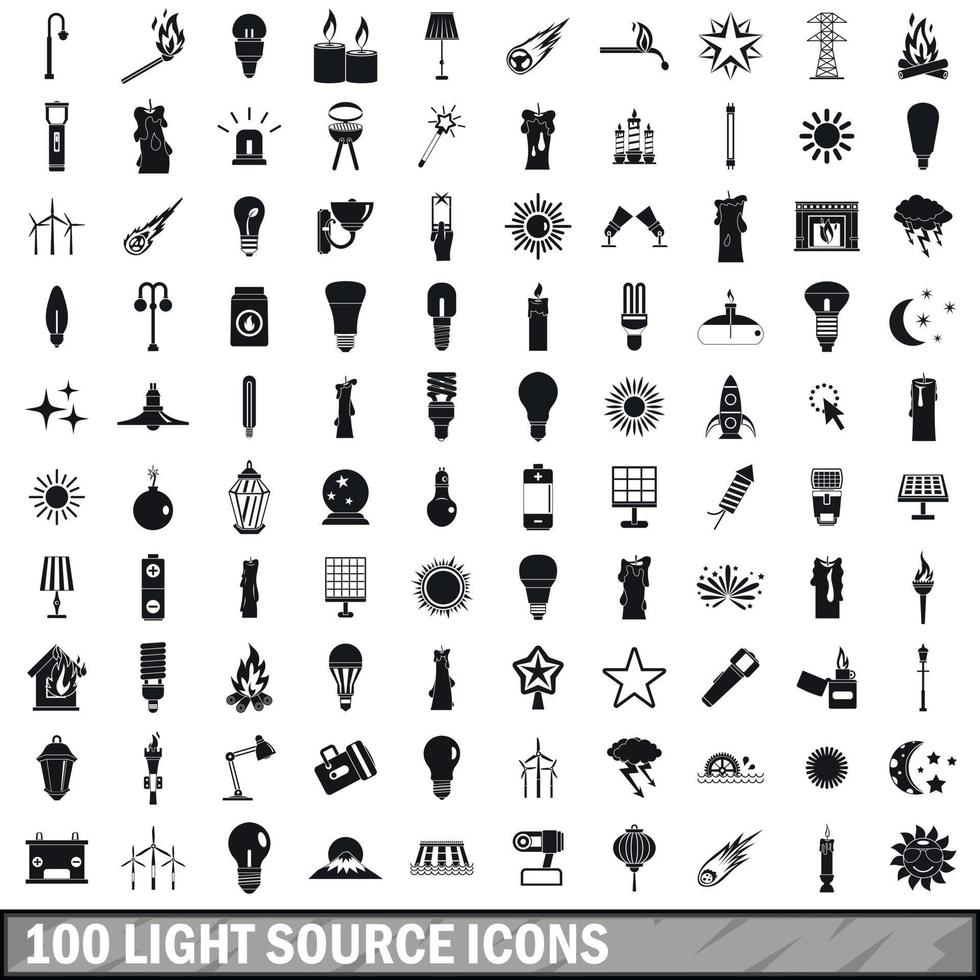 100 lichtbron iconen set, eenvoudige stijl vector