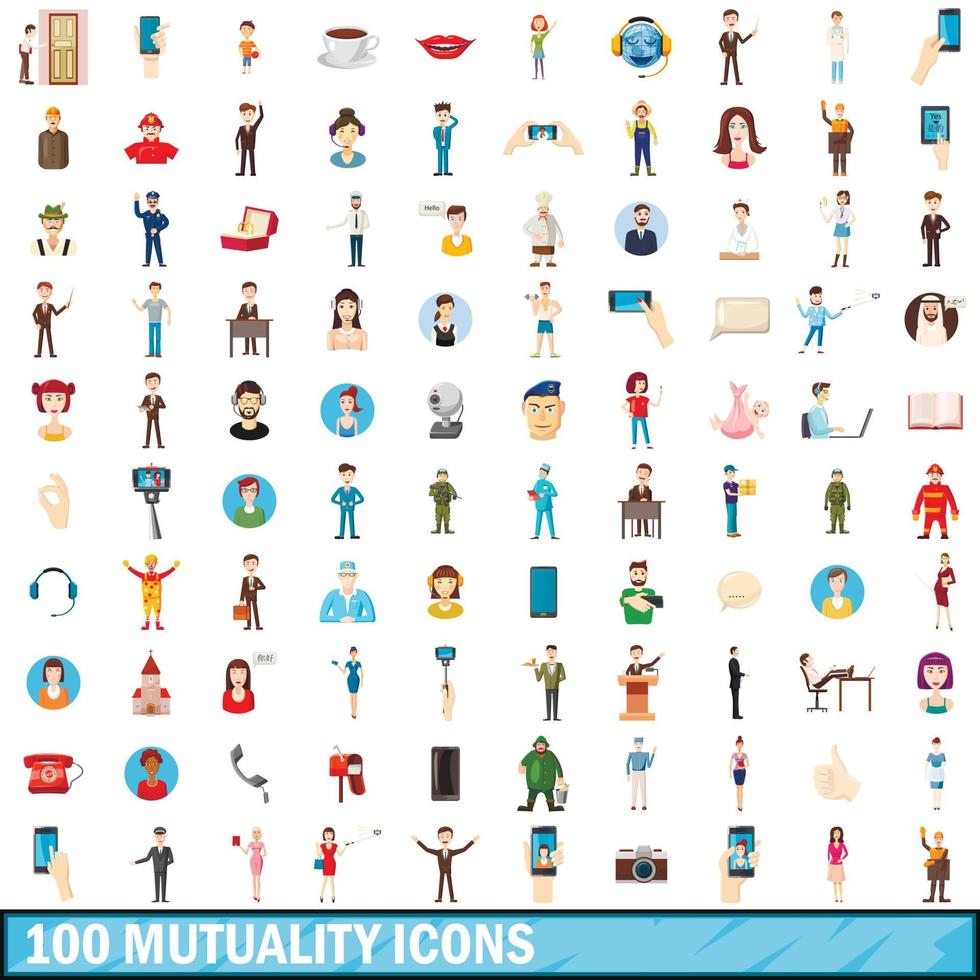 100 mutualiteit iconen set, cartoon stijl vector