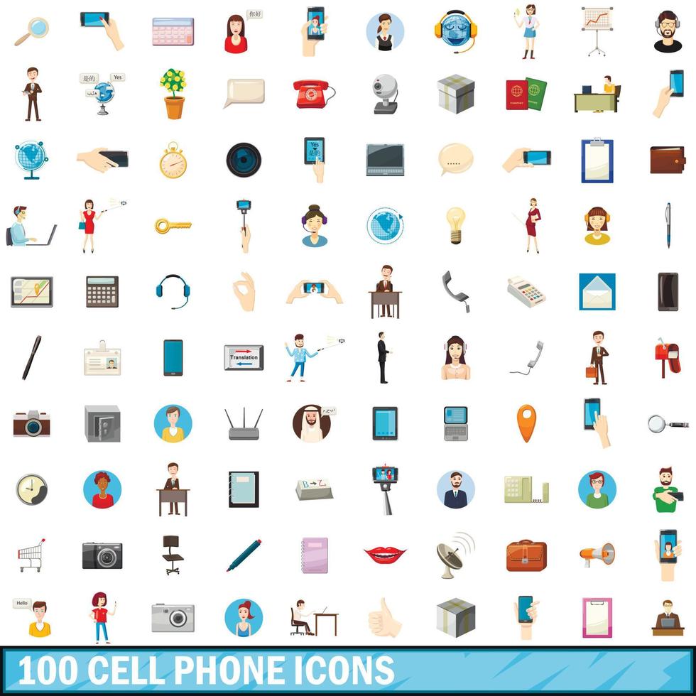 100 mobiele telefoon iconen set, cartoon stijl vector