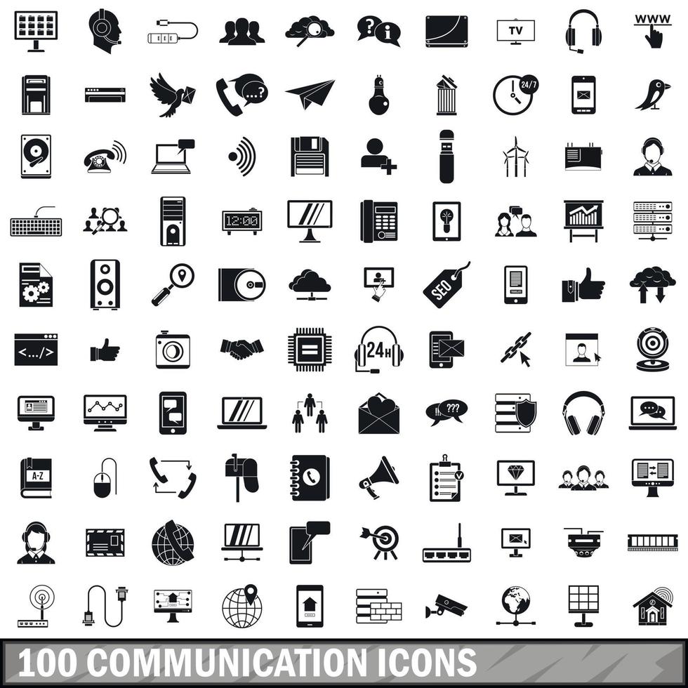 100 communicatie iconen set, eenvoudige stijl vector