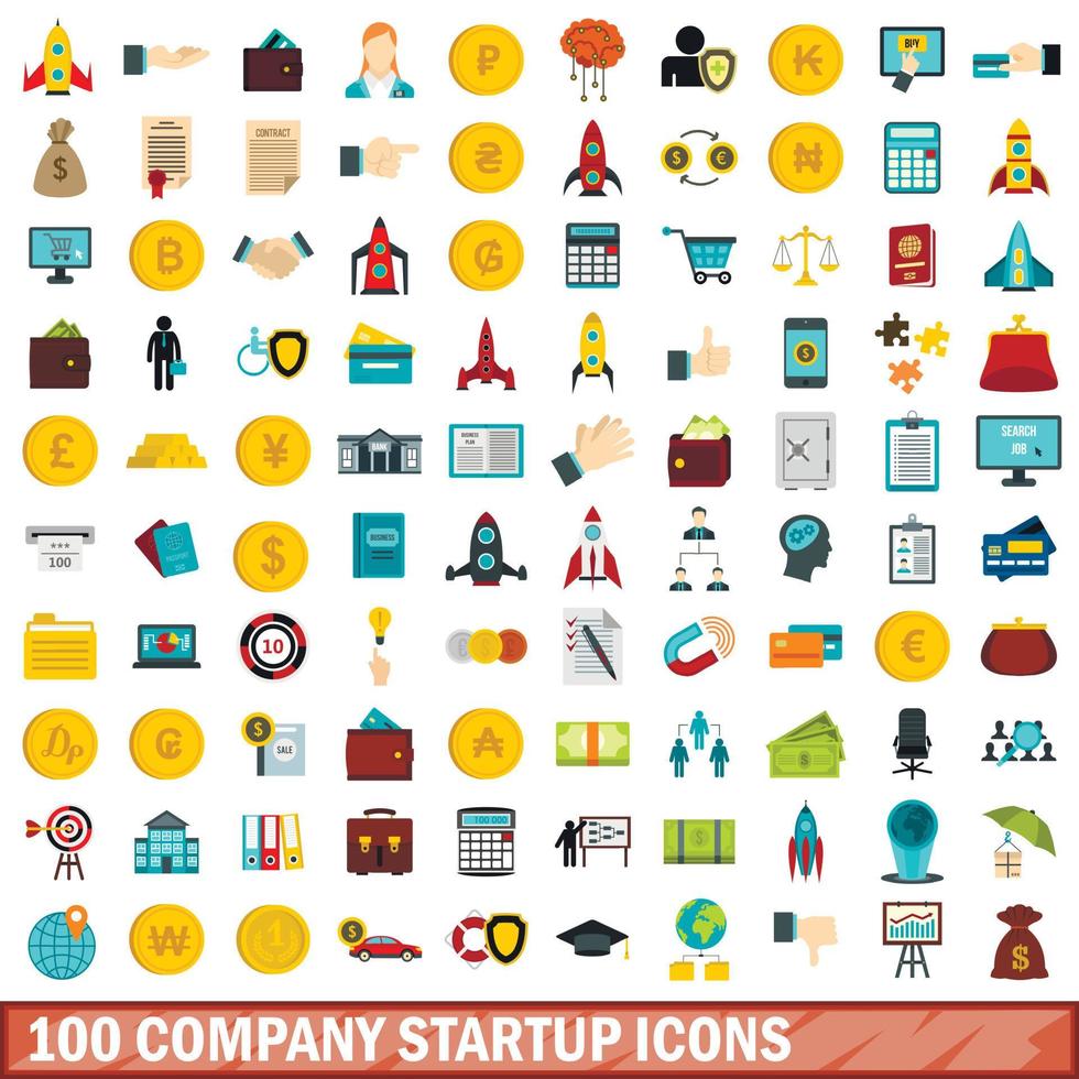 100 bedrijf opstarten iconen set, vlakke stijl vector