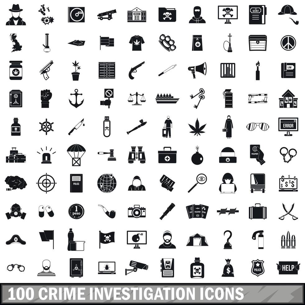 100 misdaadonderzoek iconen set, eenvoudige stijl vector