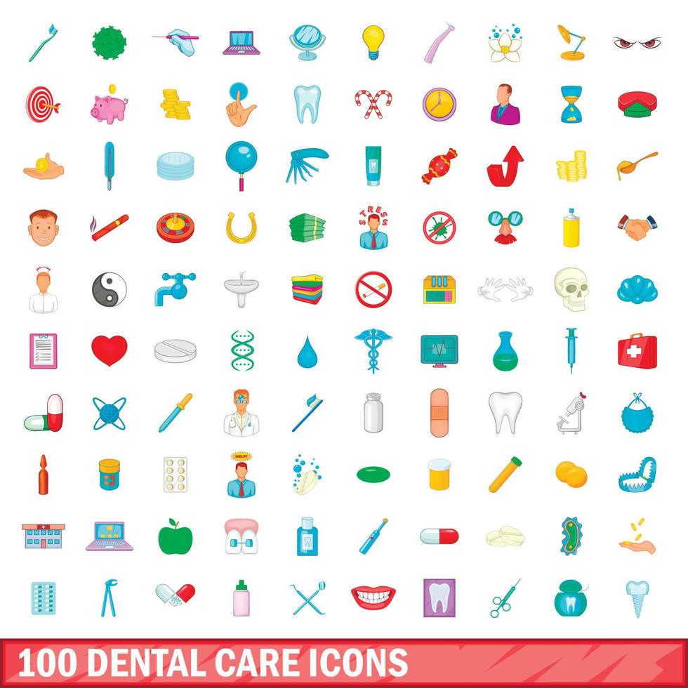 100 tandheelkundige zorg iconen set, cartoon stijl vector