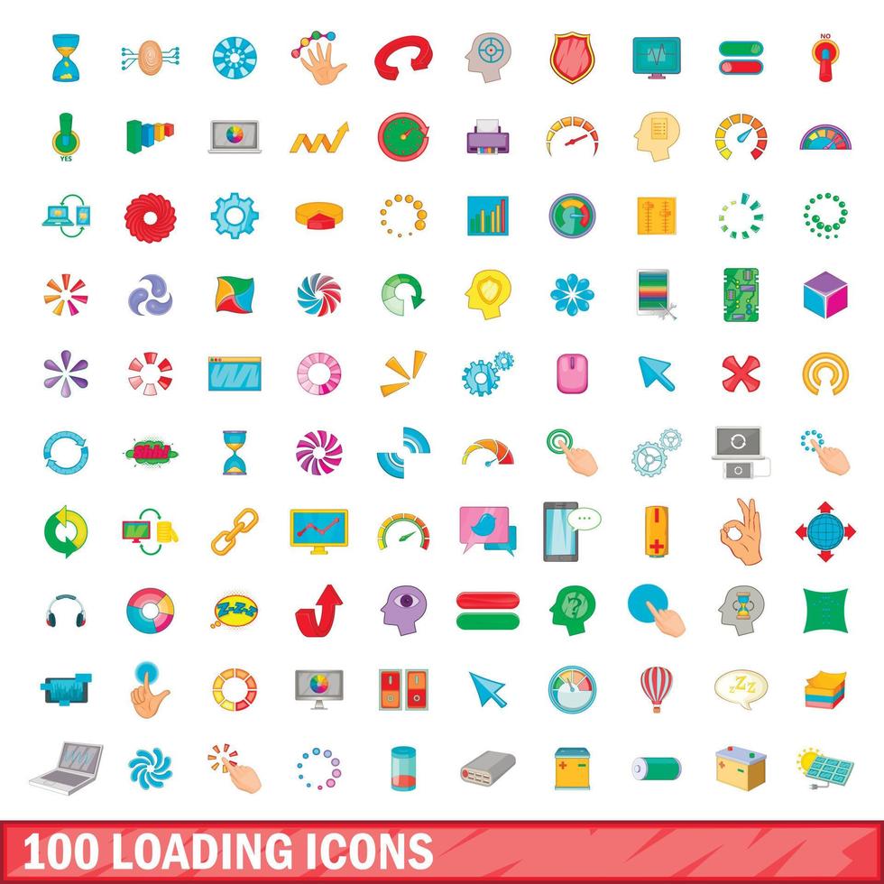100 laden iconen set, cartoon stijl vector