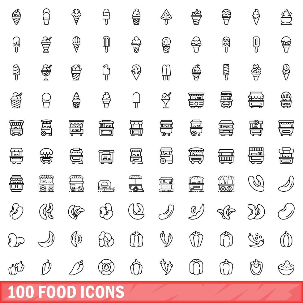 100 voedsel iconen set, Kaderstijl vector