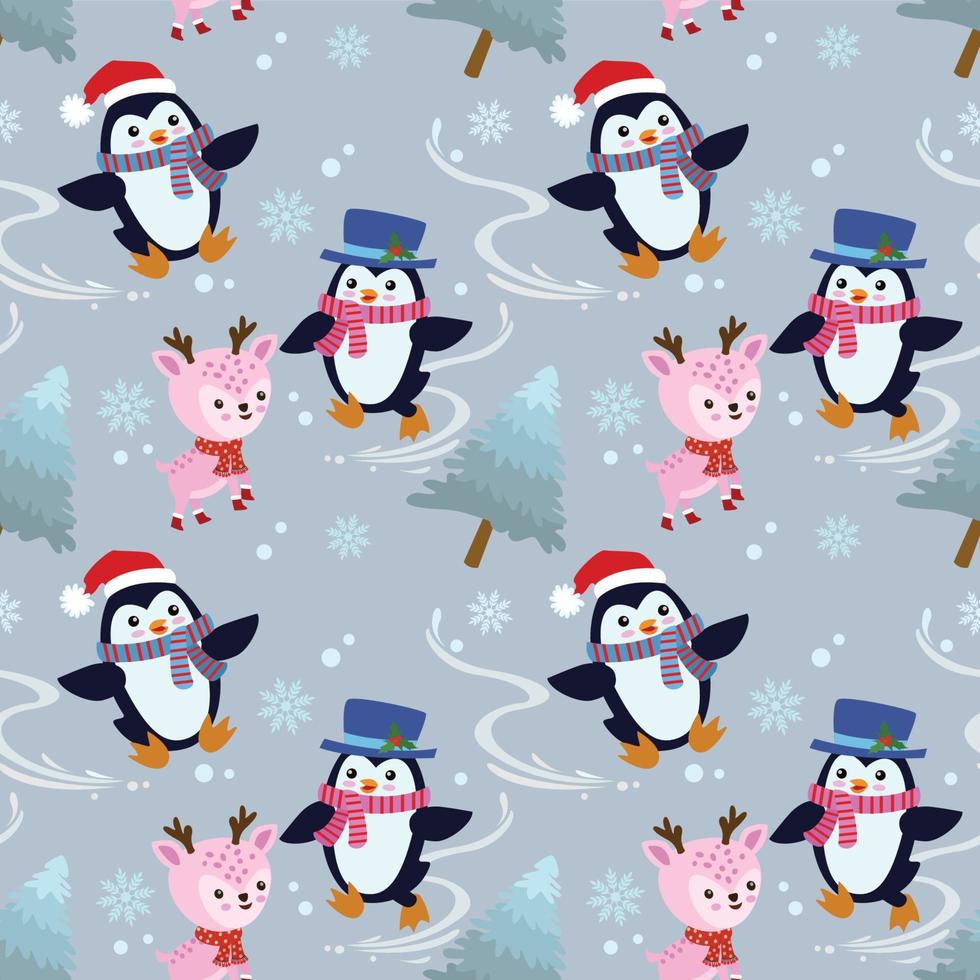 leuke cartoonpinguïn en herten in de winter naadloos patroon vector