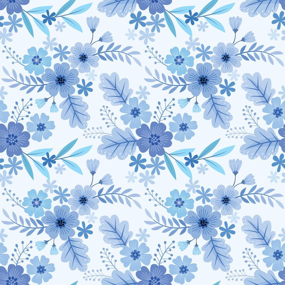 naadloze bloemmotief op blauw zwart-wit achtergrond stof textiel behang. vector