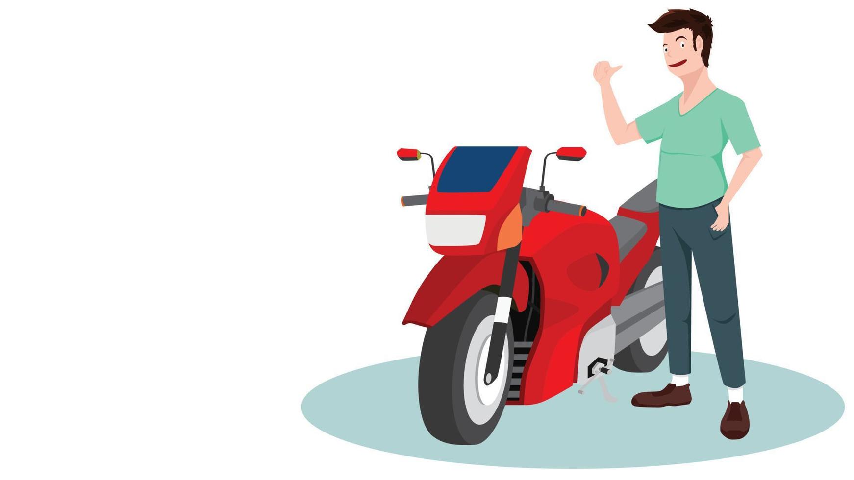 man rijden op een motorfiets staat met zijn handen fel omhoog. rode sportmotorfiets geparkeerd naast hem. op geïsoleerde witte achtergrond voor vervoer aanwezig. vector