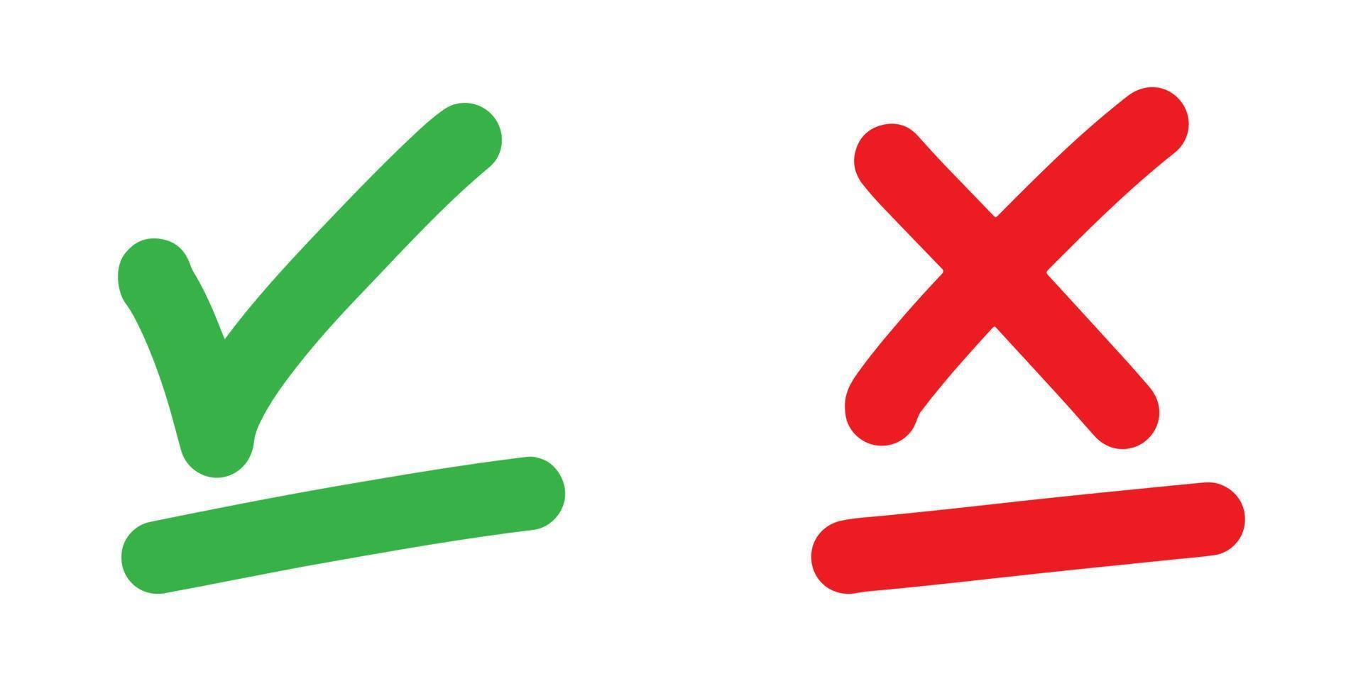 groen vinkje en rood kruis geïsoleerd op een witte achtergrond. goed en fout pictogram. vectorillustratie. vector