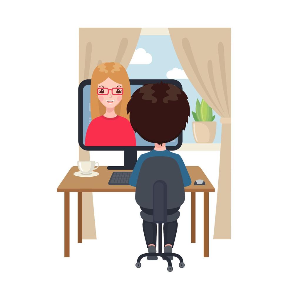 jonge jongen zit aan een tafel en studeert thuis op de computer. online onderwijs concept in cartoon stijl geïsoleerd op een witte achtergrond. blijf thuis. vector illustratie