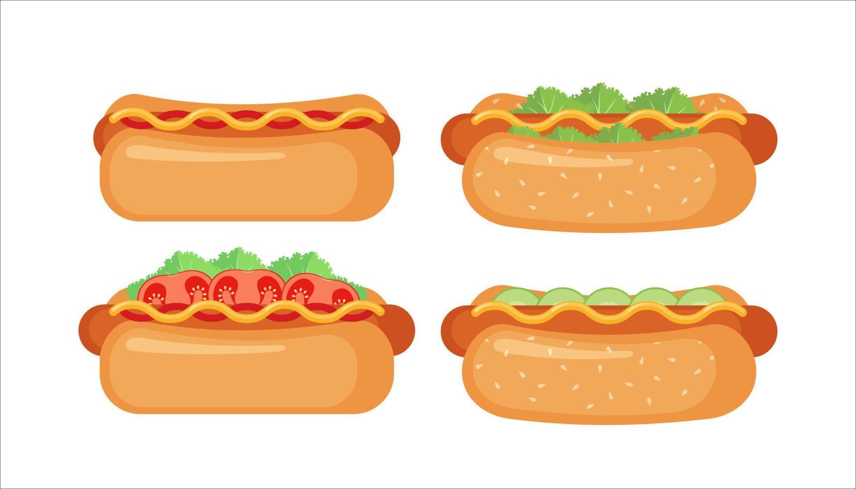 hotdog pictogrammenset in vlakke stijl geïsoleerd op een witte achtergrond. fastfood-symbool. vectorillustratie. vector