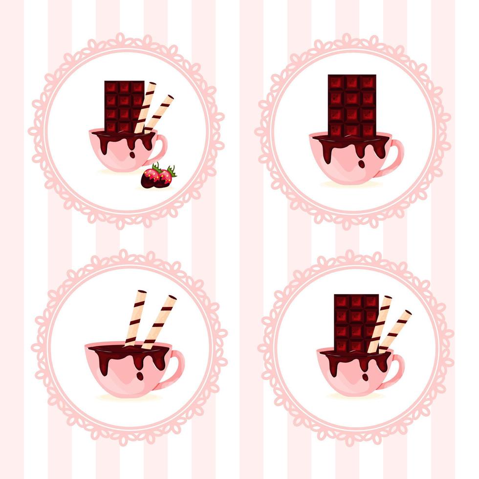 set badgelabels voor coffeeshops zoetwaren ambachtelijke chocolade met kop warme chocolademelk en wafelbuizen en aardbeien vector