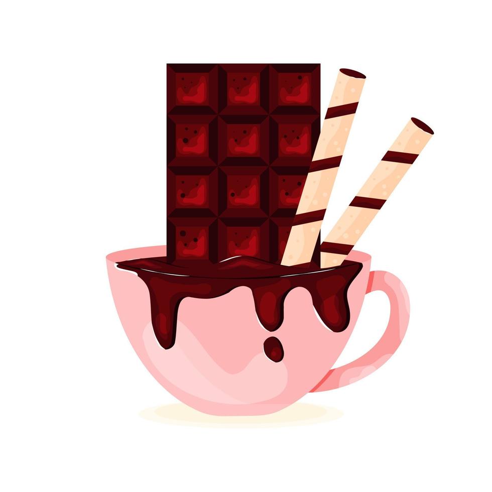 porseleinen warme chocolademelk beker met chocoladereep en wafel zoete buizen concept coffeeshop vector