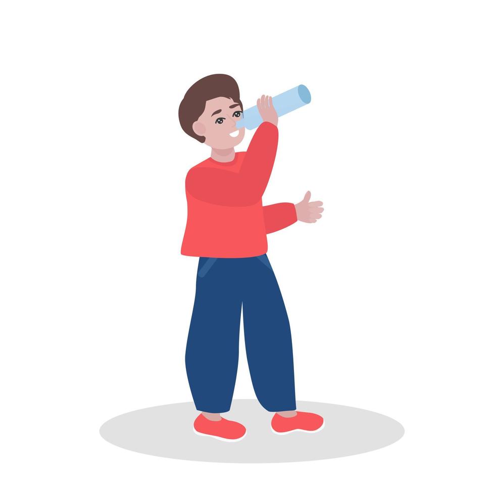 jongen met fles water, platte cartoon vectorillustratie geïsoleerd op een witte achtergrond. jongen die puur mineraalwater drinkt uit een plastic fles. vector