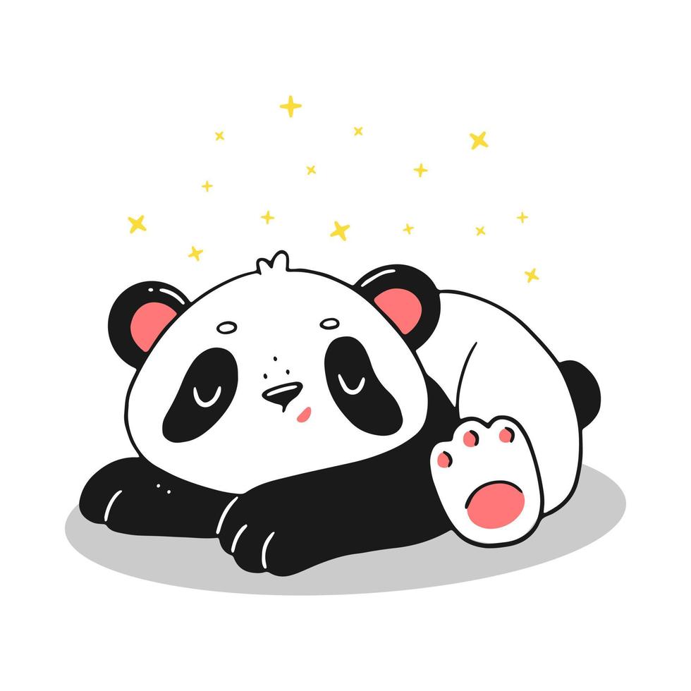 schattige slapende panda met sterren. panda in cartoonstijl. briefkaart ontwerp. vector geïsoleerde dierlijke illustratie.