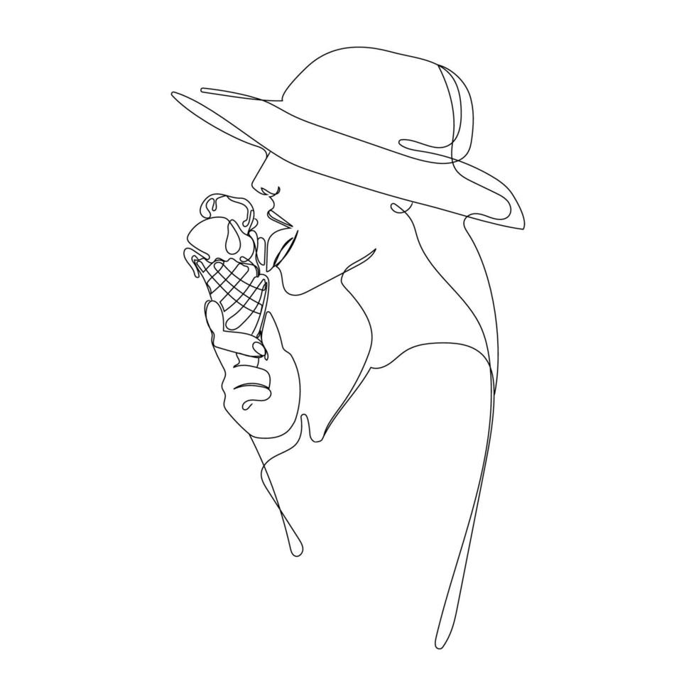 ononderbroken lijntekening vrouw in een hoed die ijs eet in een kegel, minimal art vectorillustratie. jong meisje met ijs in haar hand abstracte illustratie in trendy stijl vector