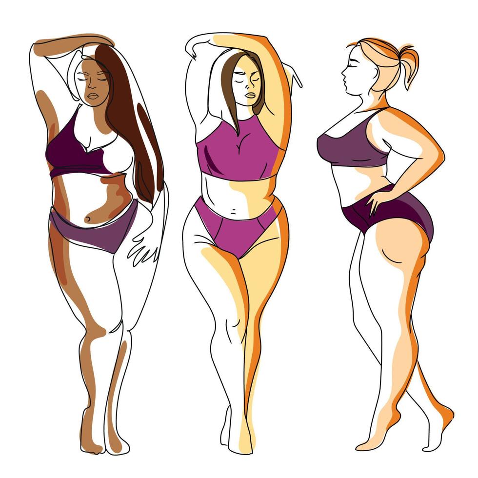 drie mollige, bochtige vrouwen, meisjes met verschillende huidskleuren, plus size modellen in zwemkleding, minimal art vector illustratie .body-positive girls.beautiful mollige, overgewicht vrouwen abstracte lijntekeningen