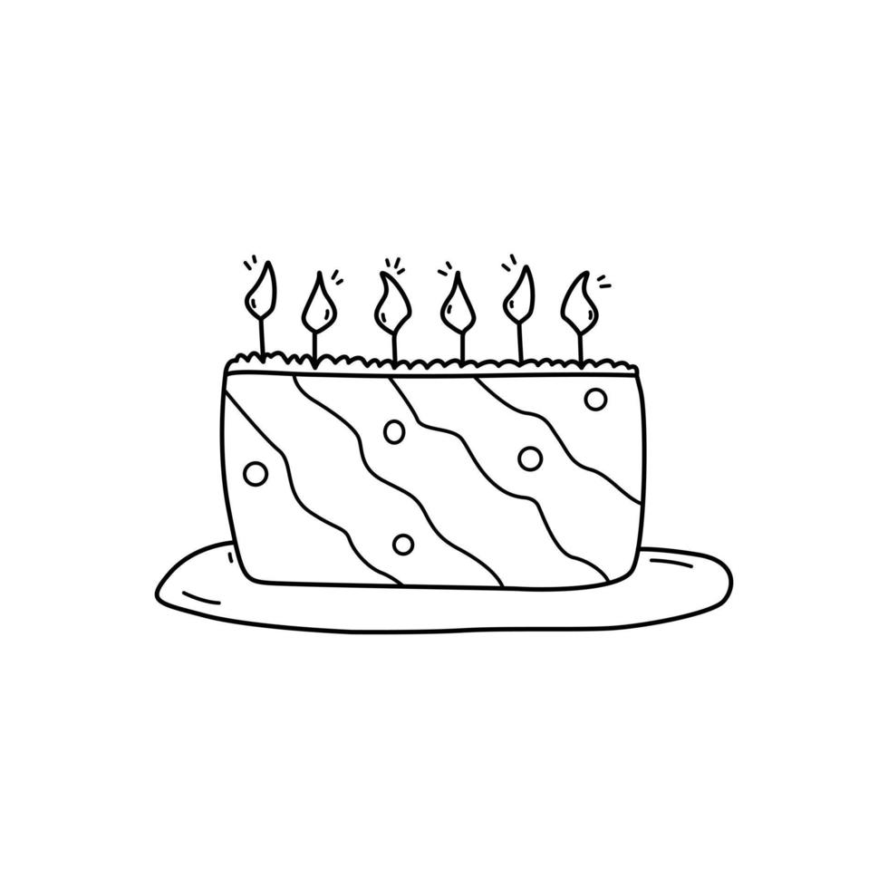 hand getekende taart met kaarsen doodle stijl, vectorillustratie geïsoleerd op een witte achtergrond. zoet smakelijk product voor verjaardagsfeestje, decoratie-ontwerpelement vector