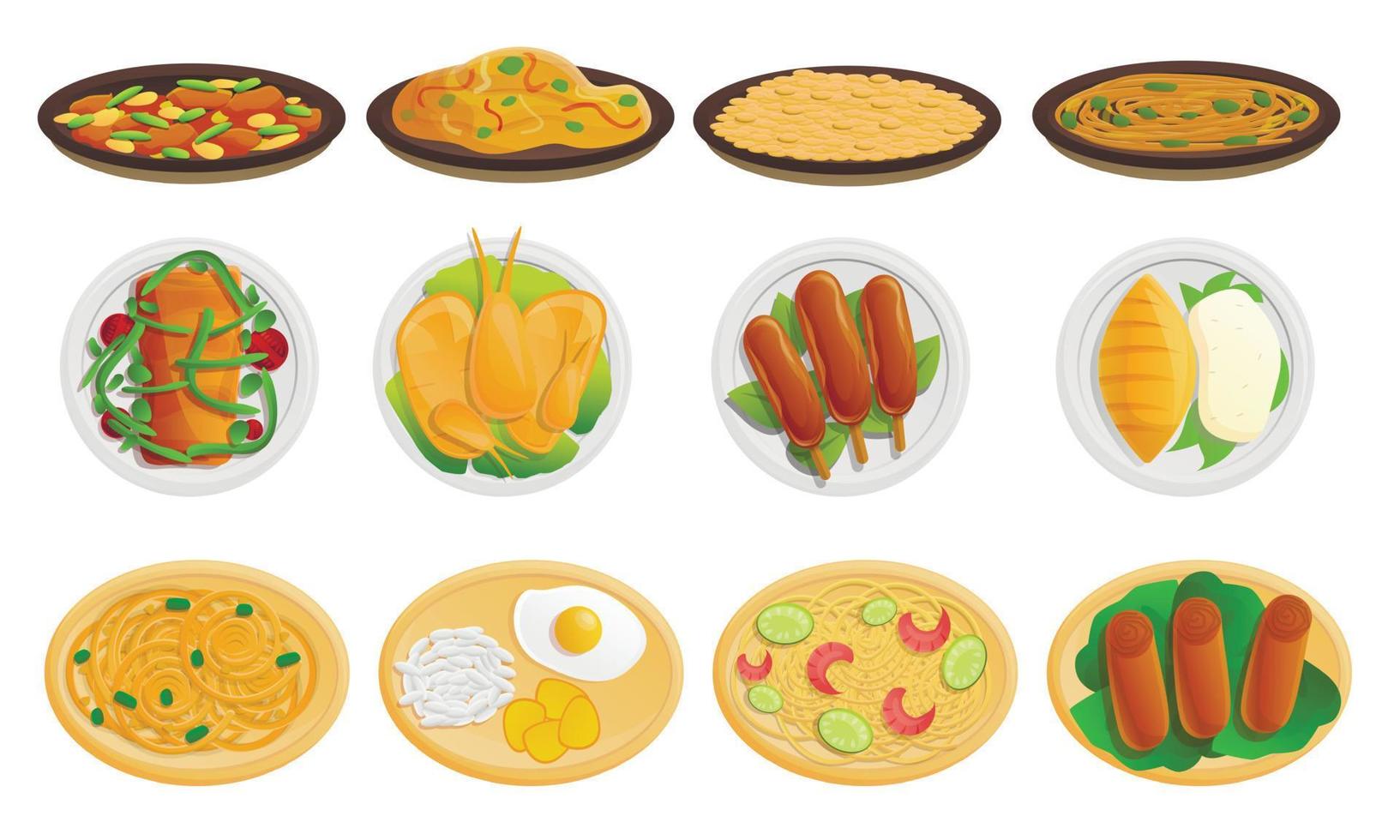 Thais eten iconen set, cartoon stijl vector