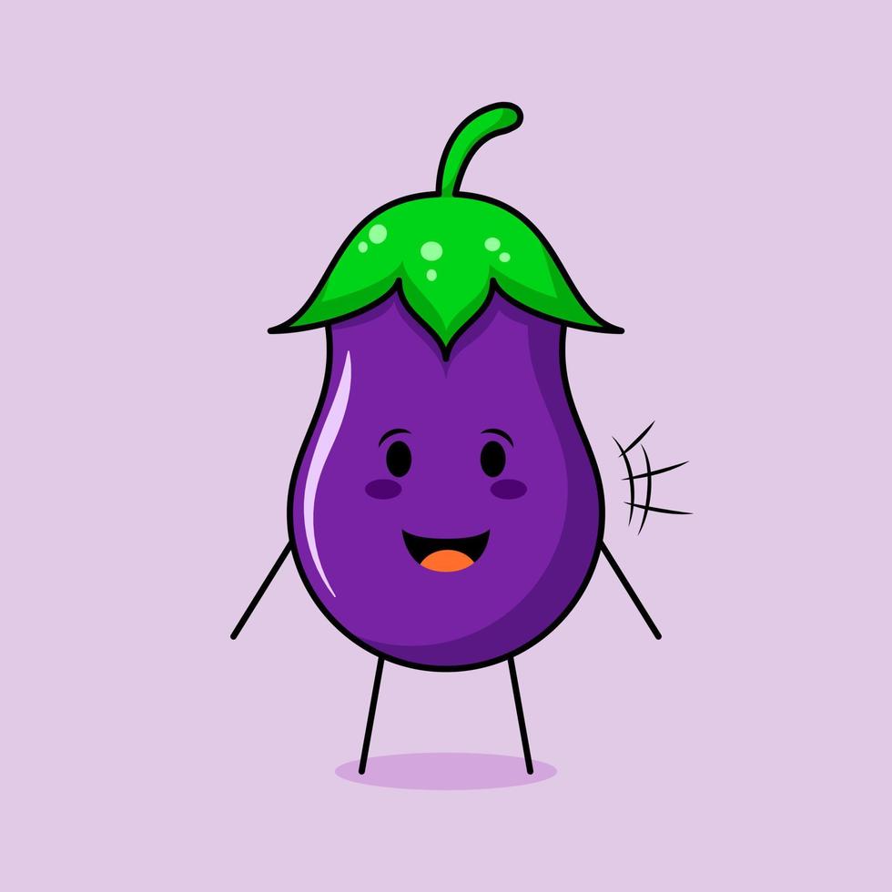 schattig auberginekarakter met glimlach en gelukkige uitdrukking. mond open. groen en paars. geschikt voor emoticon, logo, mascotte en icoon vector