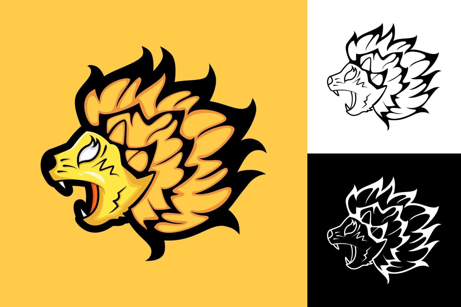 leeuwenkop illustratie met boze uitdrukking. mond open. geschikt voor logo, mascot, kunst, icoon, symbool. oranje, zwart en wit vector