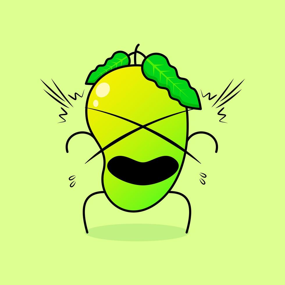 schattig mangokarakter met geschokte uitdrukking en open mond. groen en oranje. geschikt voor emoticon, logo, mascotte en icoon vector