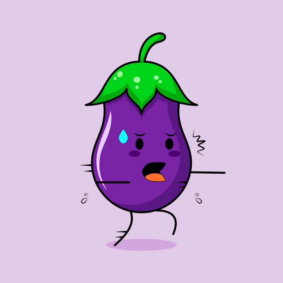 schattig auberginekarakter met bange uitdrukking en rennen. groen en paars. geschikt voor emoticon, logo, mascotte of sticker vector