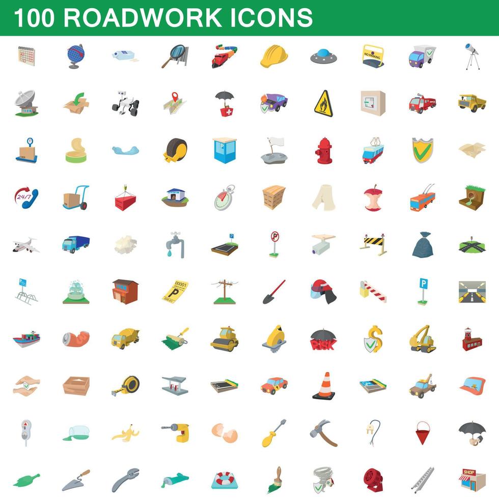 100 wegwerkzaamheden iconen set, cartoon stijl vector