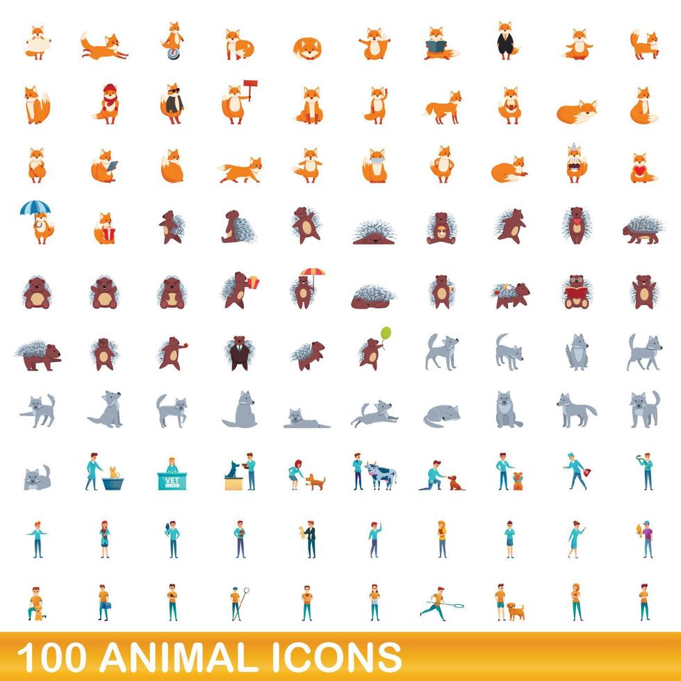 100 dieren iconen set, cartoon stijl vector