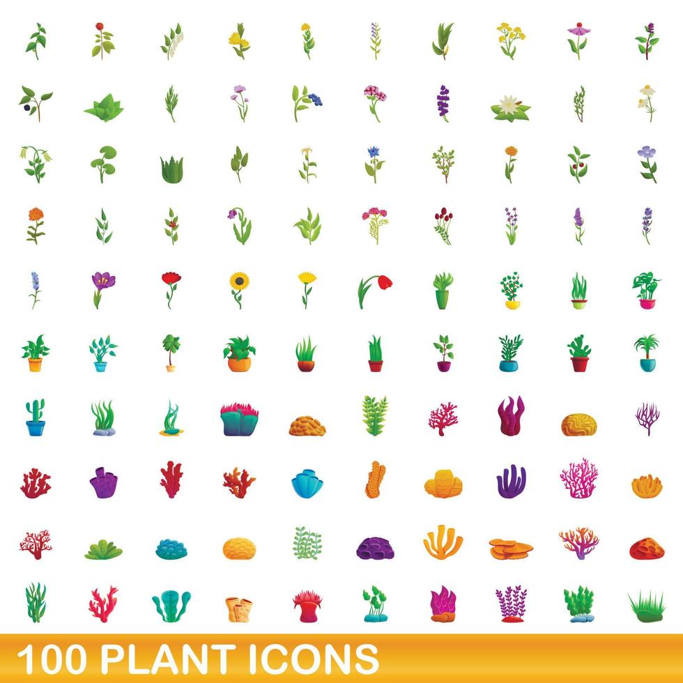 100 planten iconen set, cartoon stijl vector