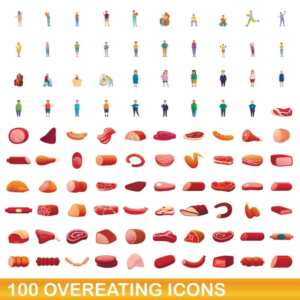 100 overeten iconen set, cartoon stijl vector