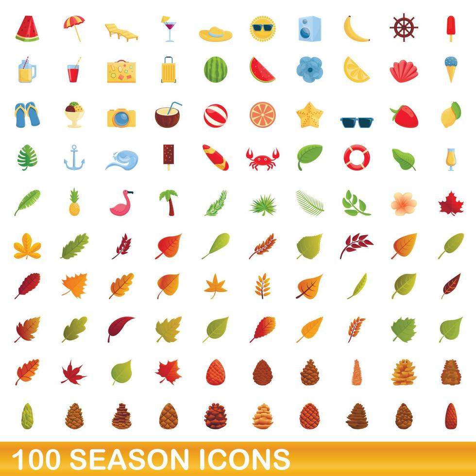 100 seizoen iconen set, cartoon stijl vector