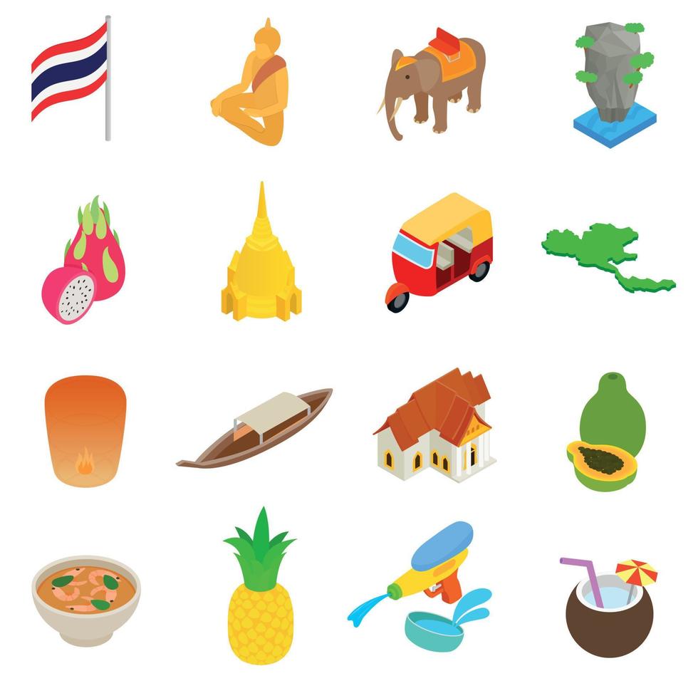 Thailand iconen set, isometrische 3D-stijl vector