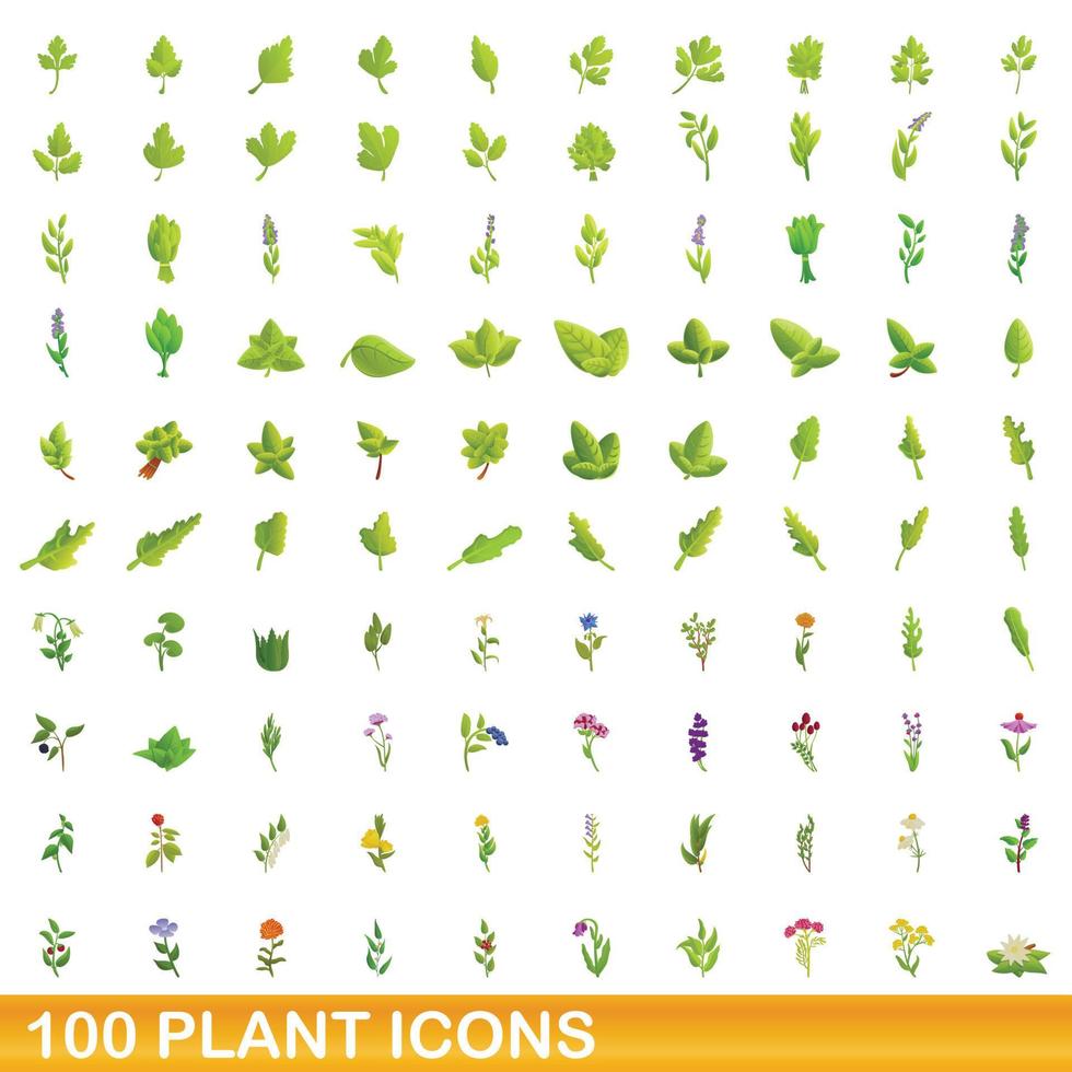 100 planten iconen set, cartoon stijl vector