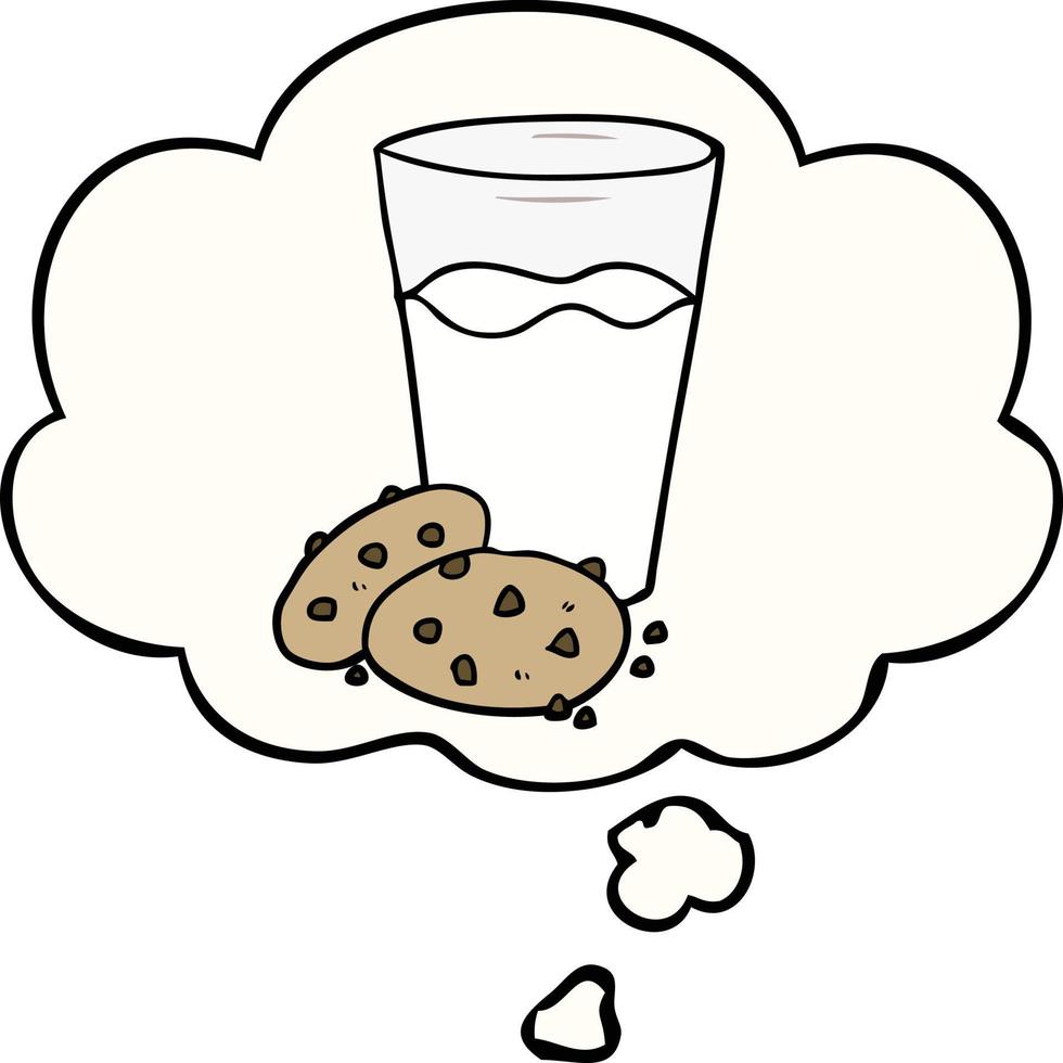 cartoon koekjes en melk en gedachte bel vector