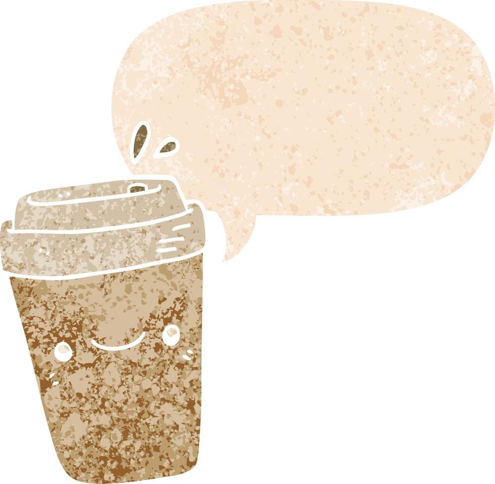 cartoon afhaalmaaltijden koffie en tekstballon in retro getextureerde stijl vector