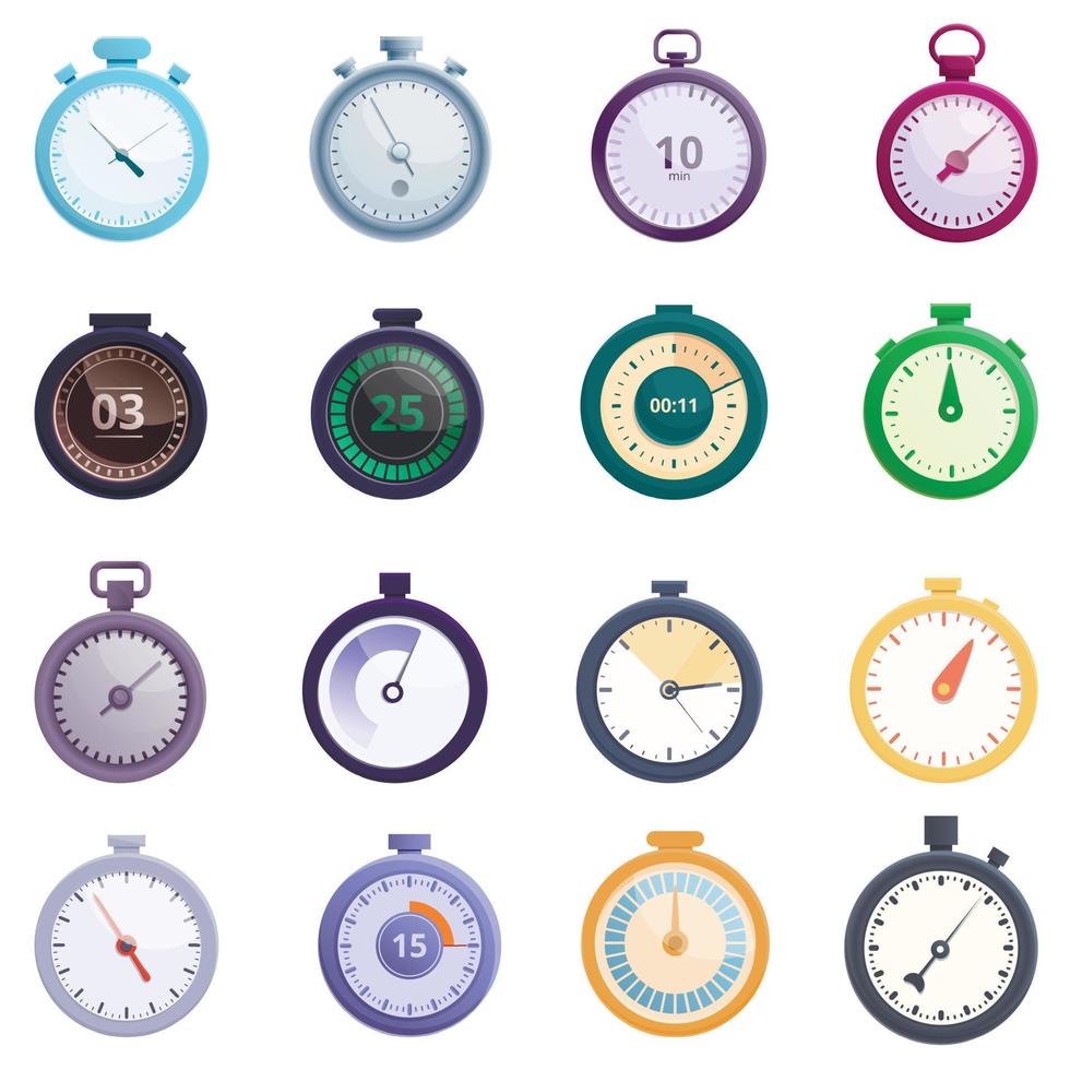 stopwatch iconen set, cartoon stijl vector