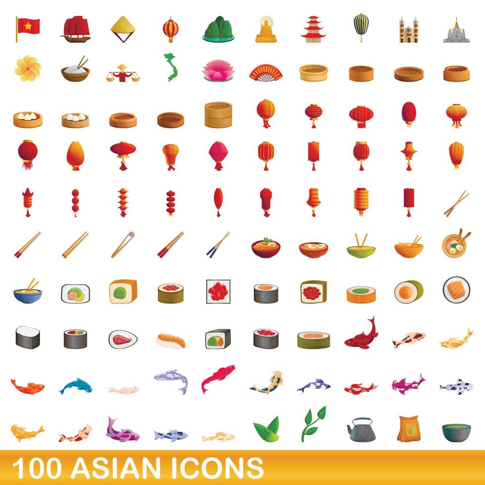 100 Aziatische iconen set, cartoon stijl vector