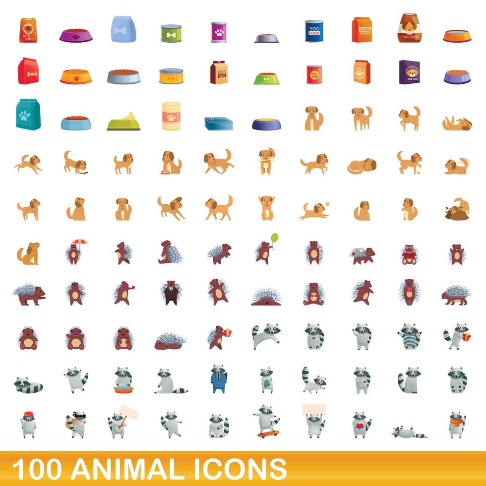 100 dieren iconen set, cartoon stijl vector