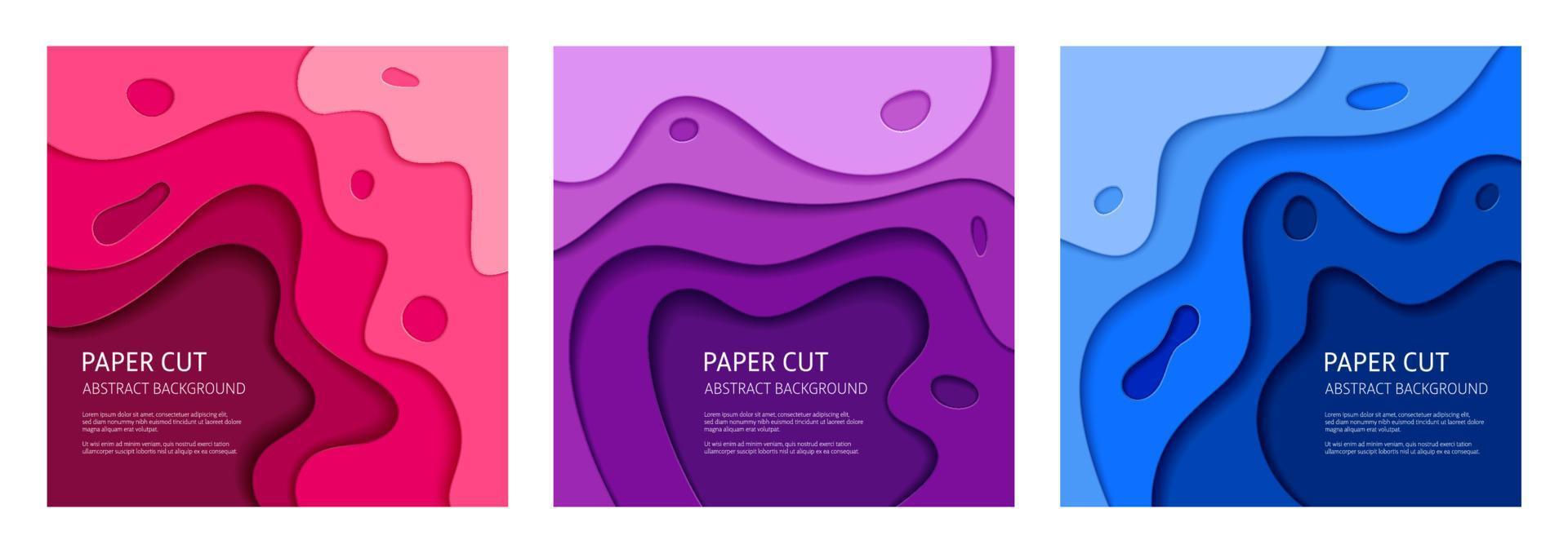 3D-effect abstracte achtergrond. kleurrijk uitgesneden papier, set van 3 vectorontwerpsjablonen. vector