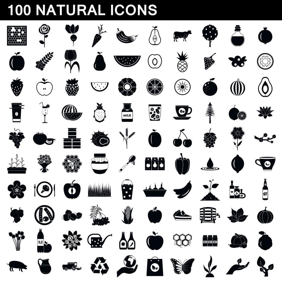 100 natuurlijke iconen set, eenvoudige stijl vector