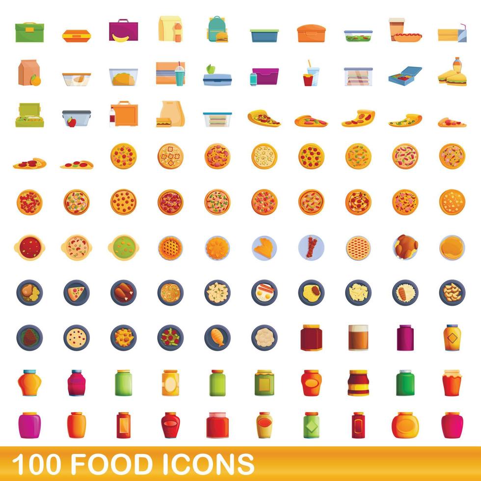 100 voedsel iconen set, cartoon stijl vector