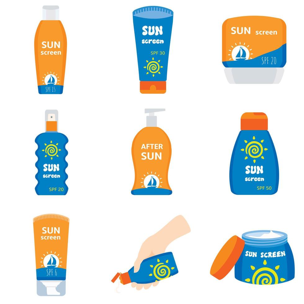 zonnebrandcrème iconen set, vlakke stijl vector