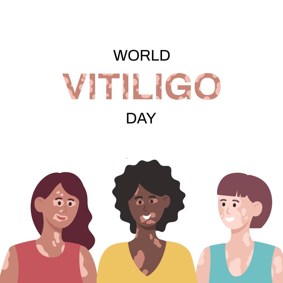 drie vrouwen met vitiligo van verschillende nationaliteiten. wereld vitiligo dag. vector