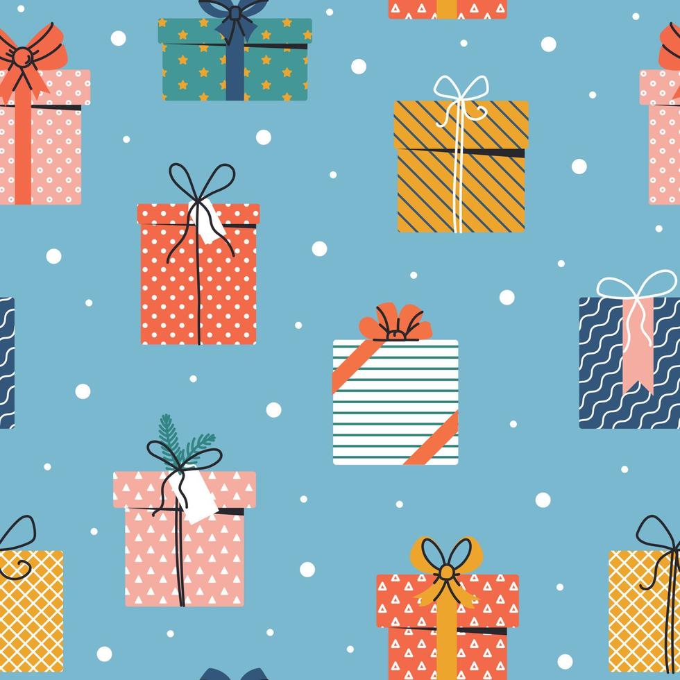 Kerstmis en gelukkig nieuwjaar naadloze patroon met geschenkdozen en sneeuwvlokken op een blauwe achtergrond. vector
